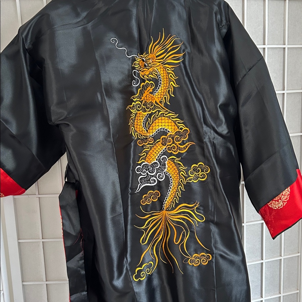 Asian Reversible Black and Red Satin Kimono Robe